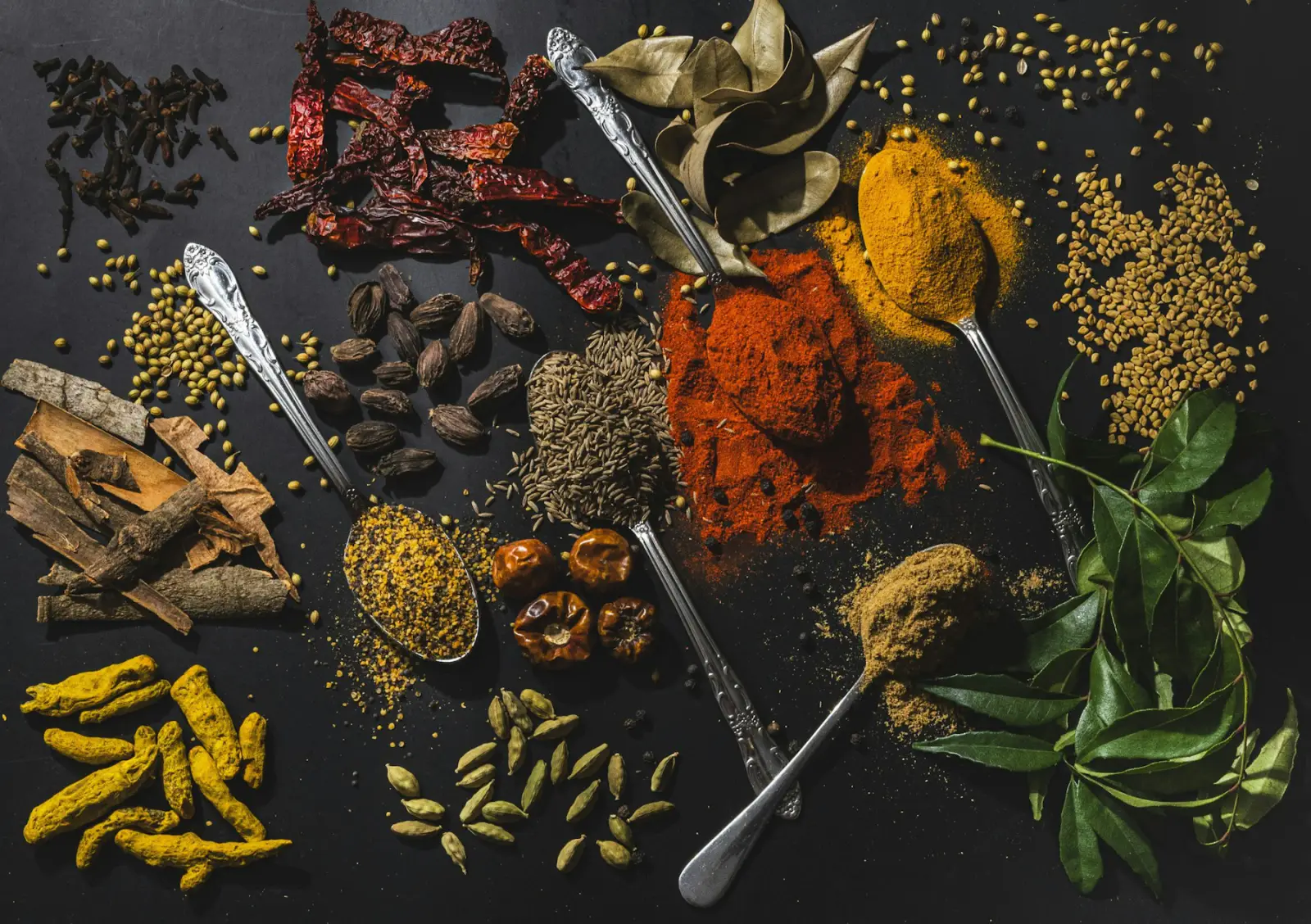 Black pepper, dried chillies, curry leaves and spices